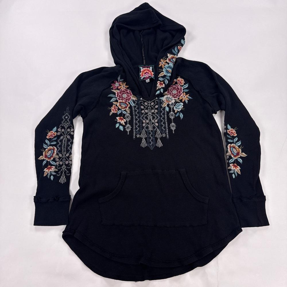 Johnny Was Womens Hoodie Medium Black Floral Embroidered Waffle Tunic Sweatshirt